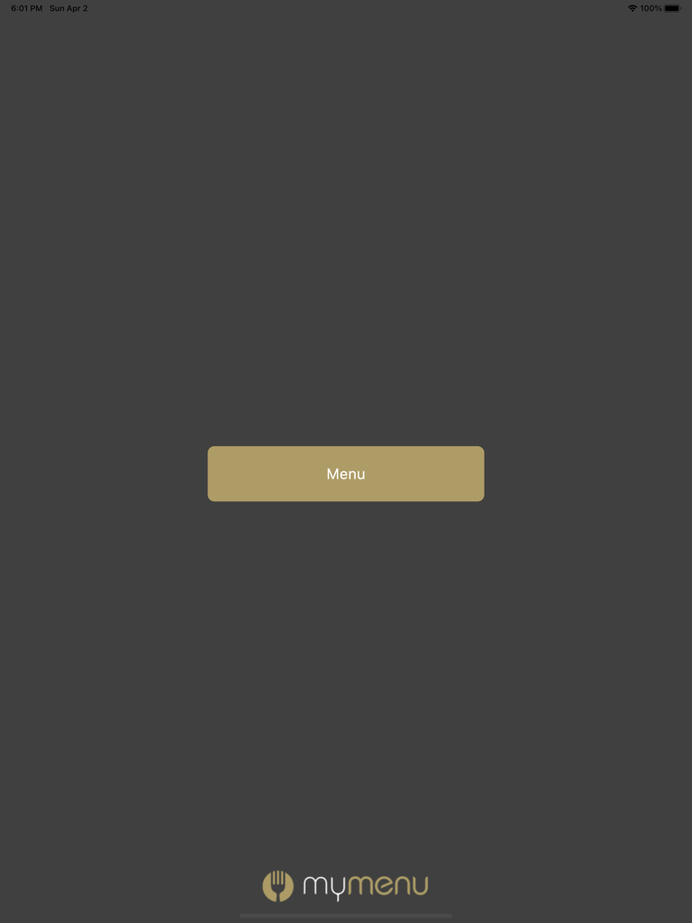 My Menu X - My Menu X digital menu application start screen featuring a central Menu button and brand logo on iPad