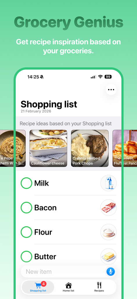Rapp: Recipes & Shopping List - Rapp App-Oberfläche, die eine Einkaufsliste mit Rezeptvorschlägen basierend auf aktuellen Zutaten anzeigt.