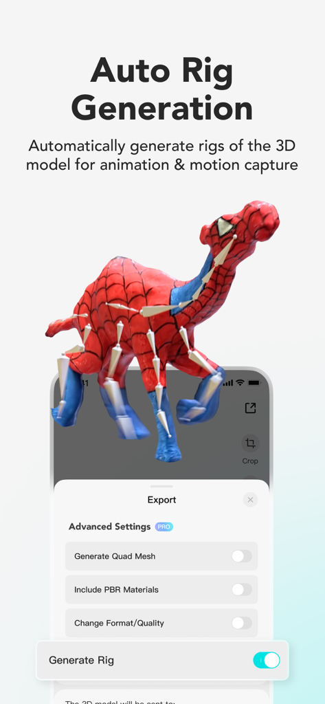 KIRI Engine:3D Scanner & LiDAR - Automatische Rig-Generierung in KIRI Engine für 3D-Modellanimation und Motion Capture