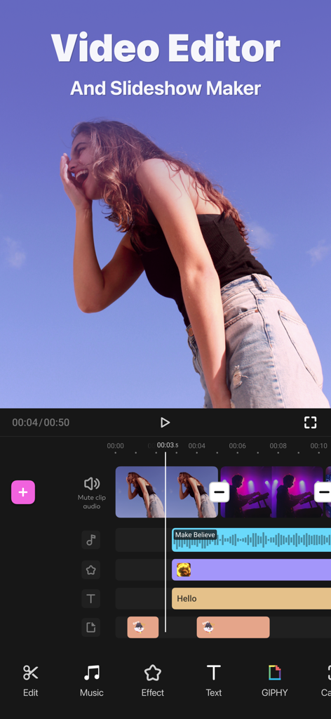 FotoPlay - Video Editor - FotoPlay 앱의 모바일 인터페이스. 클립, 음악, 텍스트 편집 도구가 있는 동영상 타임라인을 보여줍니다.