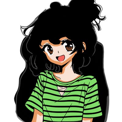 anime girl teenager striped shirt and smile and messy bun