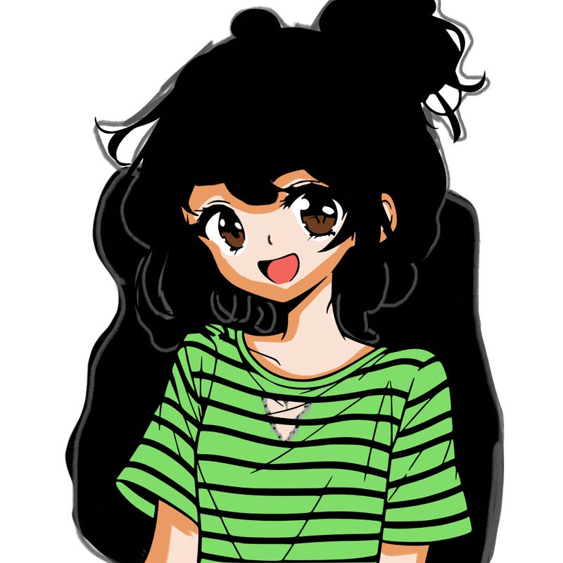 anime girl teenager striped shirt and smile and messy bun