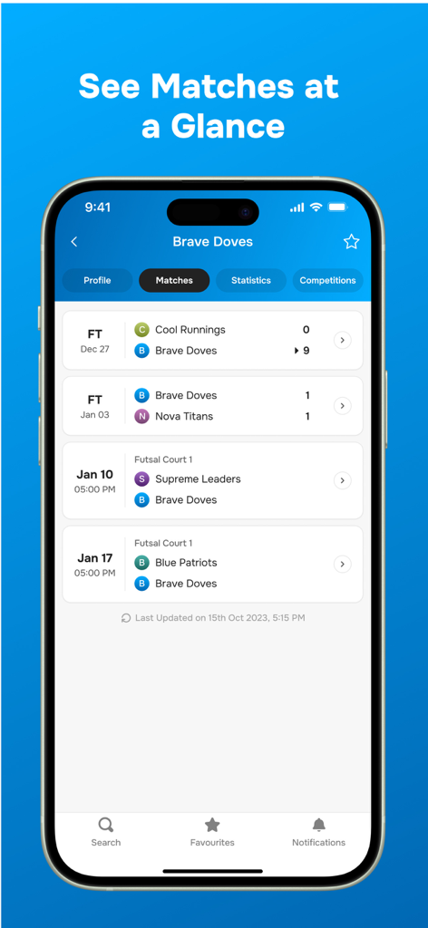 Sportfix - Mobile screenshot of the Sportfix app showing a team match schedule
