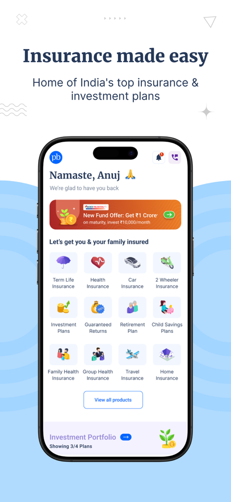 Policybazaar-Compare.Buy.Save. - L'écran d'accueil de l'application mobile Policybazaar affiche différentes options de plans d'assurance et d'investissement.