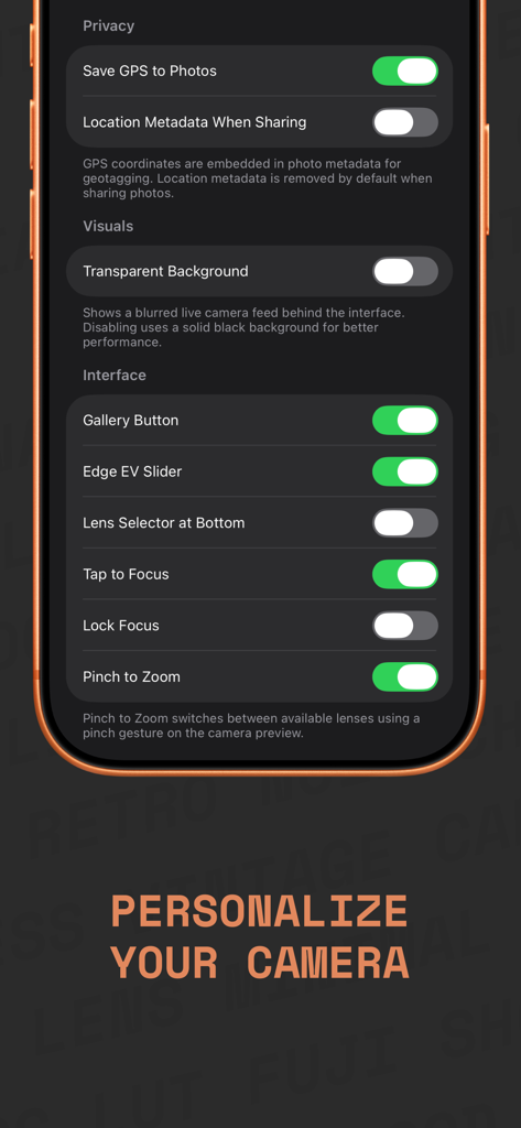 IIWII app interface showing camera personalization and privacy settings