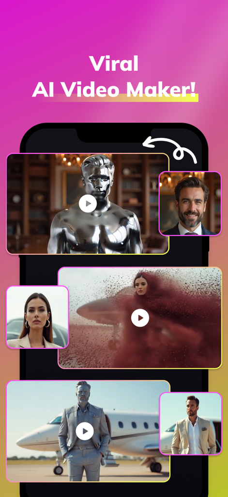 Viral AI video maker app showing cinematic face swap and transformation effects.