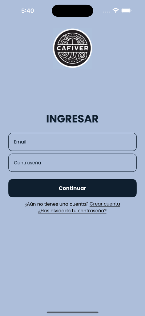 Cafilovers - Pantalla de inicio de sesión de la aplicación Cafilovers que muestra campos de entrada de correo electrónico y contraseña en español