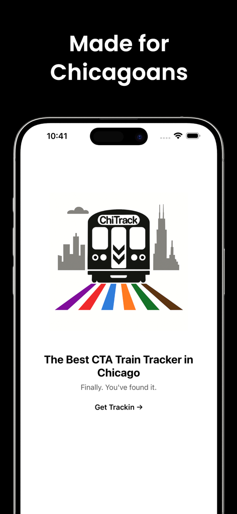 ChiTrackアプリのスプラッシュスクリーン。カラフルな線路上のCTA電車のアイコンと、シカゴのスカイライン、そして「シカゴ市民のために作られました」というテキストを表示。
