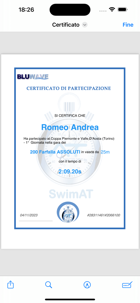 SwimAT - Digital swimming competition participation certificate displaying an athlete name race category and finish time