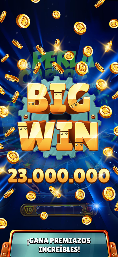 Interfaz de gran premio del juego móvil Mundo Slots mostrando un jackpot de 23 millones de monedas.
