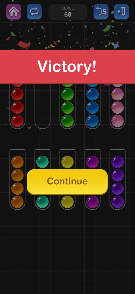 Victory screen showing sorted colored balls in bottles with confetti