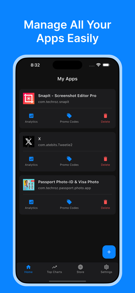 AppSpy: Ranking & App Tracker - Painel do AppSpy mostrando a seção Meus Aplicativos para gerenciar vários aplicativos com ferramentas de análise e código promocional.