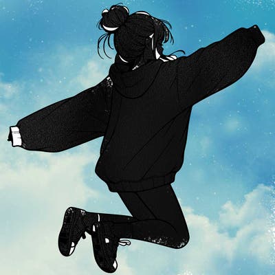 realistic girl jumping with a bun and oversized sweatshirt