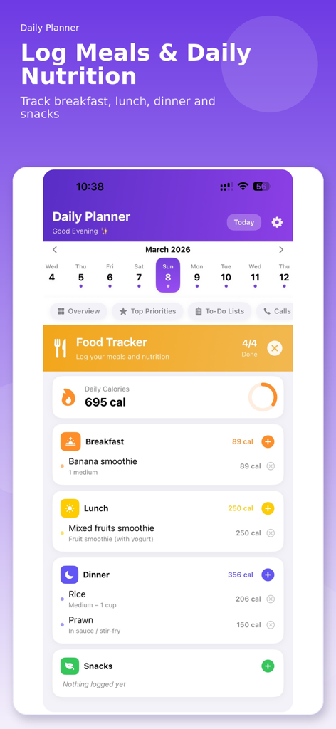 Daily Planner - My Day - A mobile app screenshot of a food tracker showing daily meal logs for breakfast lunch and dinner with calorie counts and a purple header
