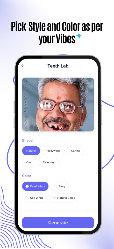 Interface of the Teethsi app showing options to select different veneer shapes and shades for a smile transformation.