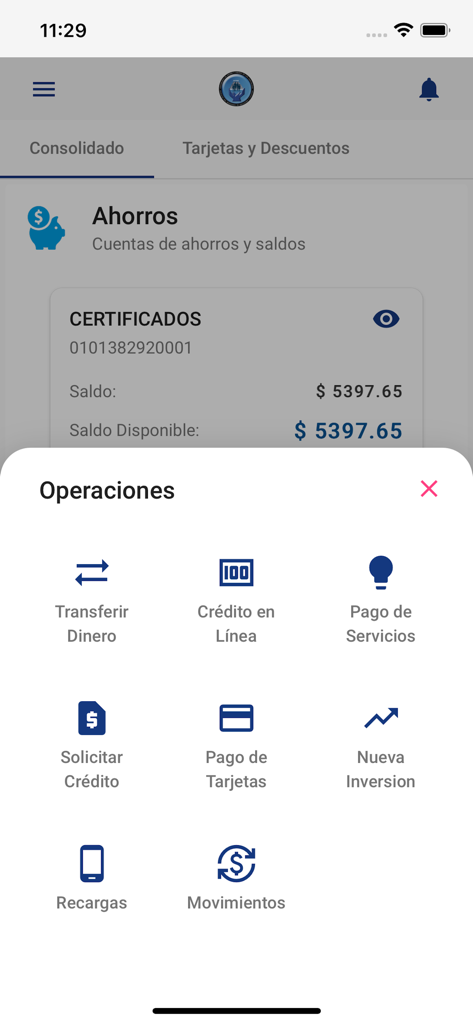 Cacspmec Móvil - Pantalla de la aplicación Cacspmec Movil mostrando el saldo de la cuenta y el menú de operaciones financieras