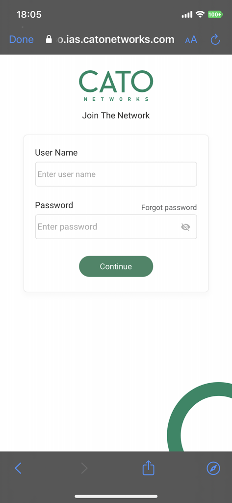 Pantalla de inicio de sesión de la aplicación móvil Cato Client que muestra los campos de nombre de usuario y contraseña para el acceso seguro a la red corporativa