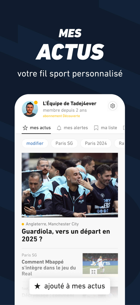L’EQUIPE - live, sport, tv - L Equipe mobile app interface showing a personalized sports news feed with football headlines