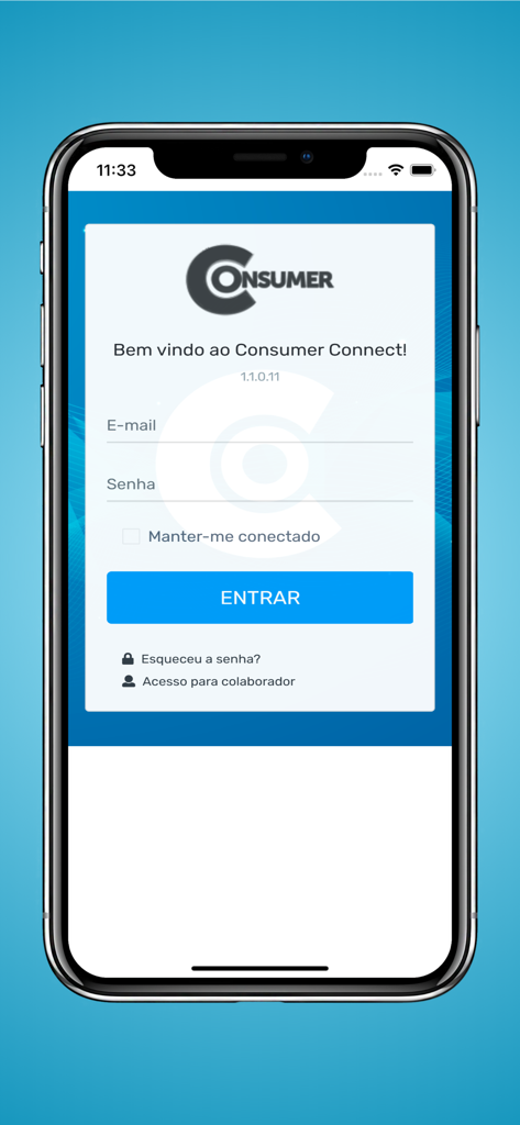 Login interface of the Consumer Connect mobile app showing email and password fields