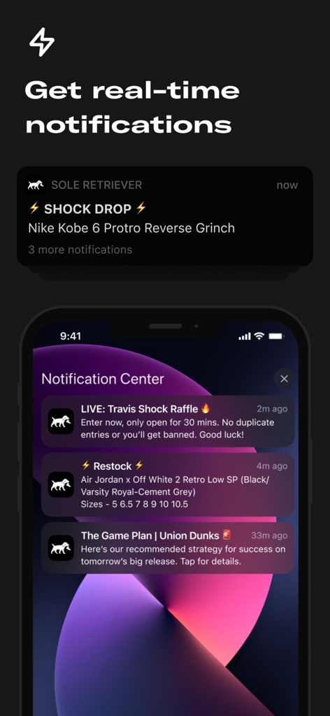 A mobile phone showing real-time sneaker notification alerts for shock drops and restocks on the Sole Retriever app