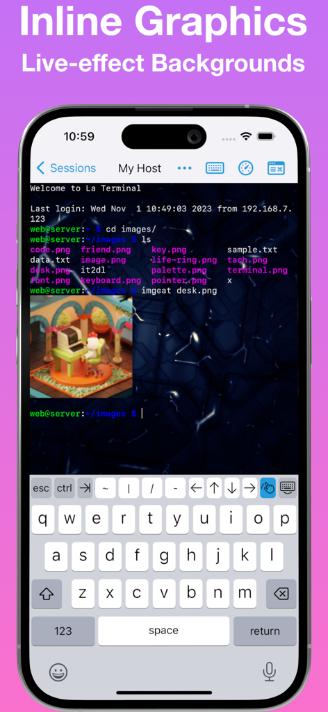 La aplicación SSH La Terminal en iPhone mostrando previsualización de imágenes en línea y fondo con efectos en vivo.
