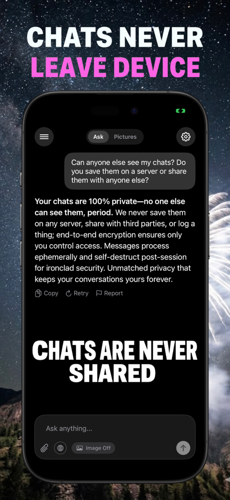 Captura de tela do aplicativo Unfiltered AI Chat mostrando uma conversa sobre privacidade com manchetes afirmando que os chats nunca saem do dispositivo e nunca são compartilhados.