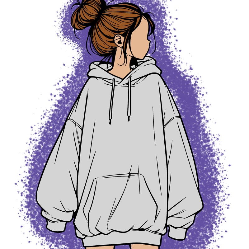 realistic girl with a oversized sweatshirt on and a bun