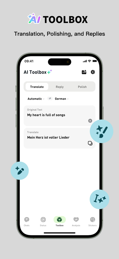 WhizAI for WA app screen showing the AI Toolbox translation feature with an English to German text conversion