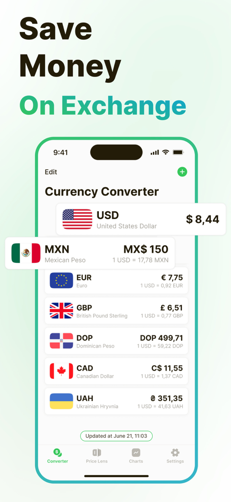 Currency Converter – Moneta - Moneta-App-Oberfläche zeigt Wechselkurse für mehrere globale Währungen an
