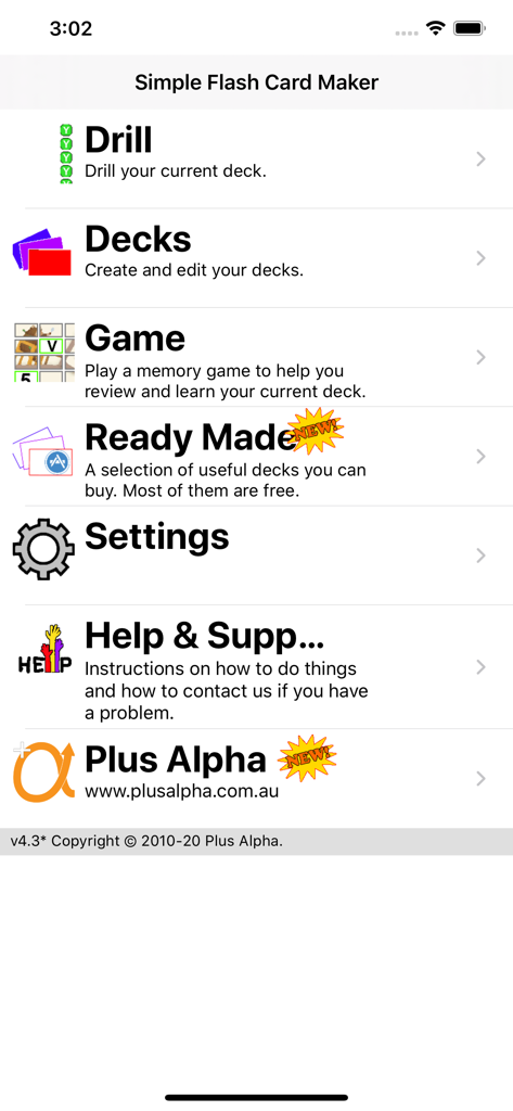 Main menu screen of the Simple Flash Card Maker app showing options for drill, decks, game, and settings.