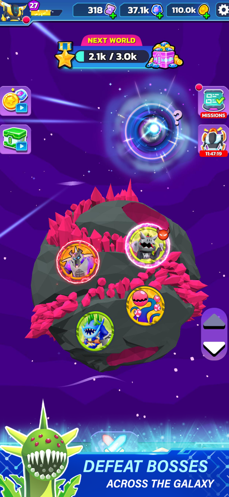 Mapa galáctico del juego de lucha de robots Mechangelion con iconos de batalla contra jefes en un planeta de cristal