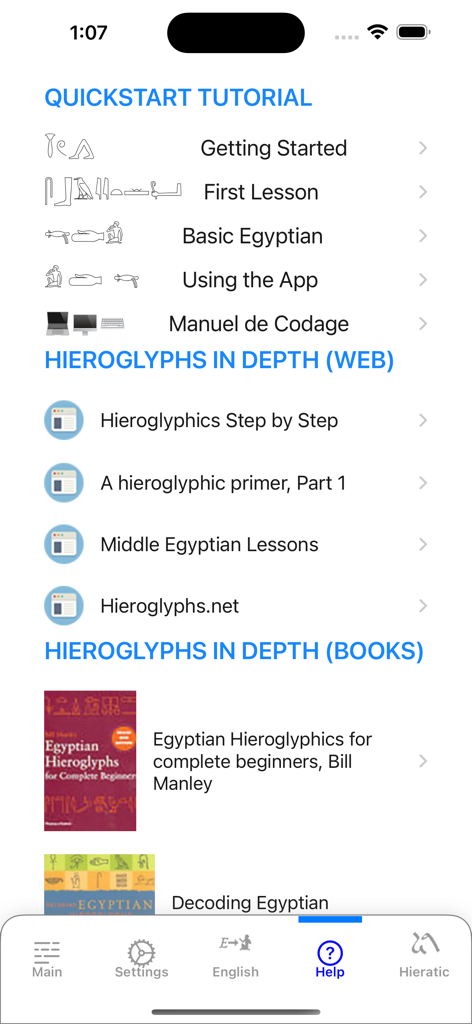 Hieroglyph Pro - Hieroglyph Pro app help screen showing quickstart tutorials web resources and recommended books for learning ancient egyptian