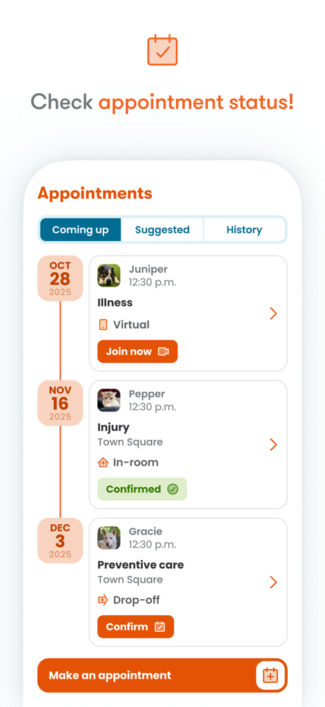 Banfield Pet Hospital - Banfield Pet Hospital app interface showing a list of upcoming appointments for different pets including virtual and in-person visits