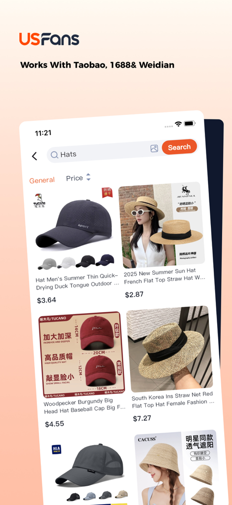 USFans-Shop China,ShipAnywhere - USFans app interface showing product search results for hats from Chinese marketplaces like Taobao and 1688