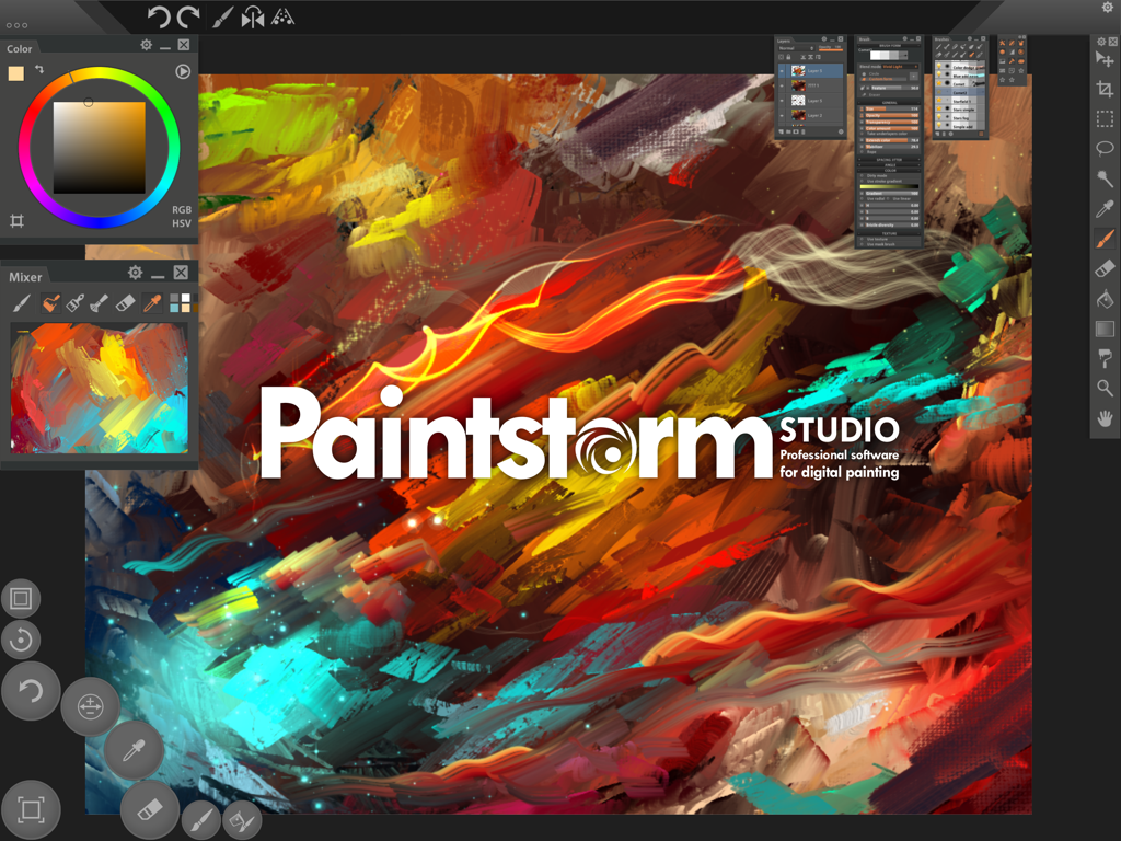Paintstorm Studio - Professional digital painting interface in Paintstorm Studio showing a colorful abstract artwork with various tool panels