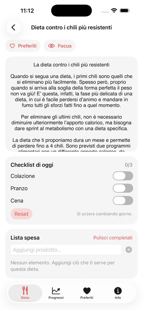 Dieta - Segreti Per Dimagrire - A mobile app interface displaying a weight loss diet plan with meal checklist and shopping list.