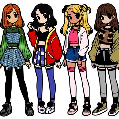 one girl with crop-top shirt and a jacket with a skirt, long socks and another girl with a shirt and pants with a jacket