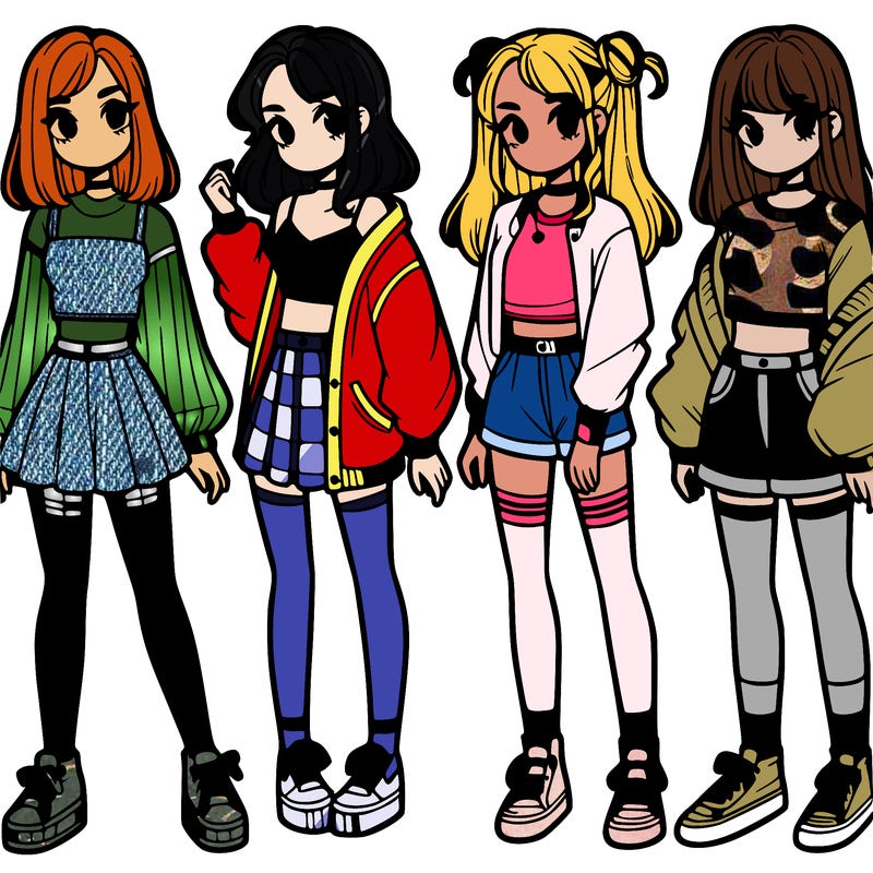 one girl with crop-top shirt and a jacket with a skirt, long socks and another girl with a shirt and pants with a jacket