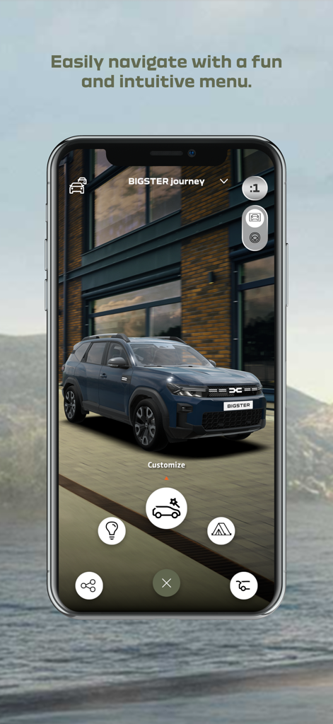 Dacia AR - Dacia AR 앱 인터페이스가 3D 자동차 모델과 직관적인 탐색 아이콘을 보여줍니다.