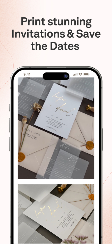 Joy Wedding Planner & Website - Eine Anzeige von eleganten Hochzeitseinladungen und Save-the-Dates, die mit der Joy App gestaltet wurden.