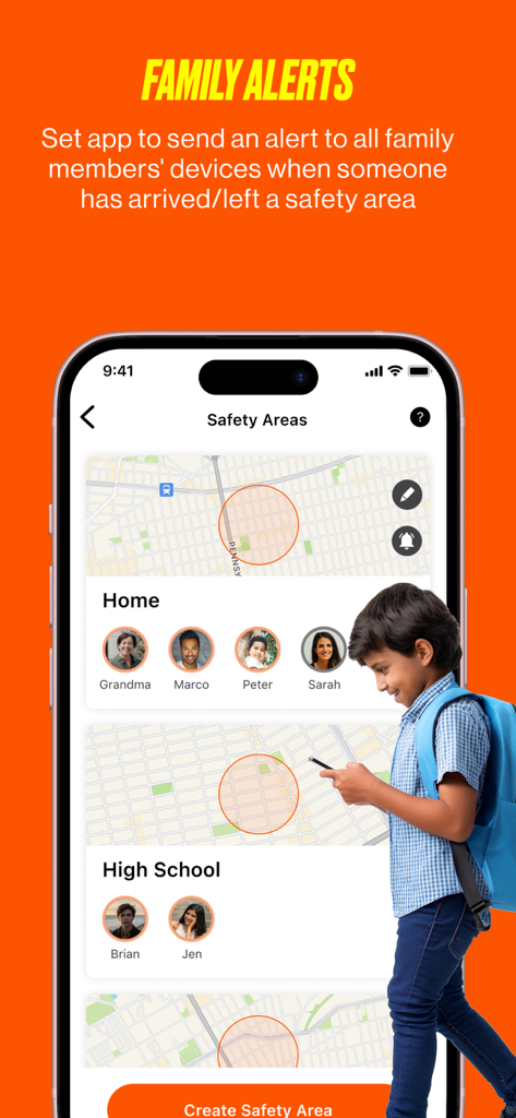Interface de l'application Boost Family Guard montrant le géorepérage des zones de sécurité et les alertes de localisation familiale sur une carte.