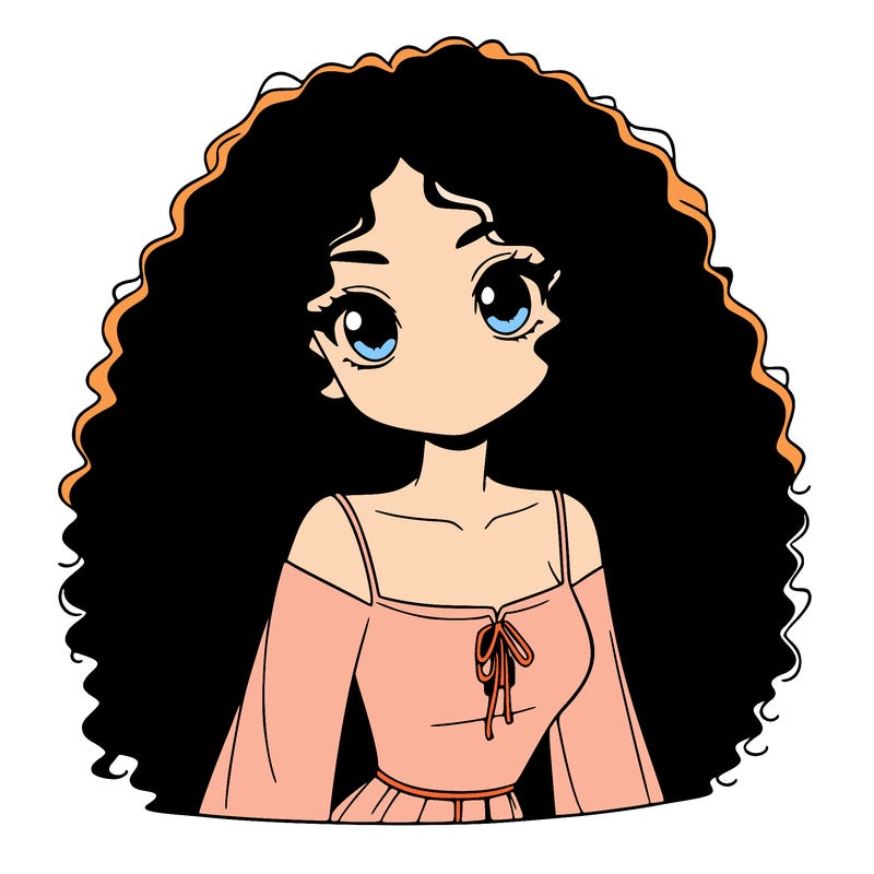 a black anime girl with long afro hair