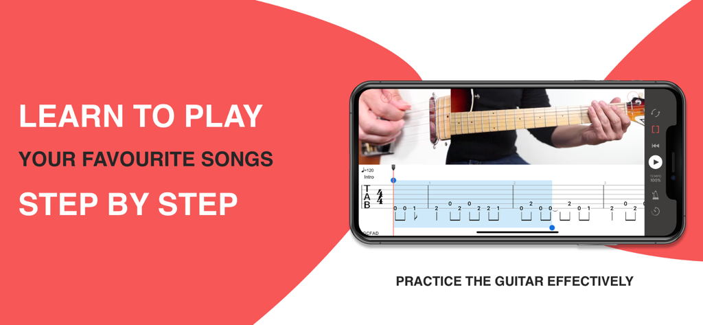 Play Guitar Hits - Smartphone screen displaying the Play Guitar Hits app with a synchronized video tutorial and interactive guitar tablature