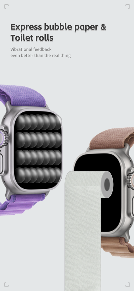 ZenRelief: Relaxing Watch Game - Two Apple Watches showing digital bubble wrap and toilet paper roll games for stress relief