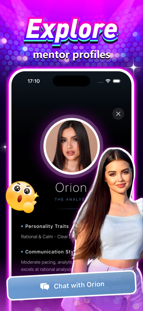 Vexen - Chat&Social - Interface of the Vexen app displaying the profile of Orion, the AI Analyst mentor, including personality traits and communication style.