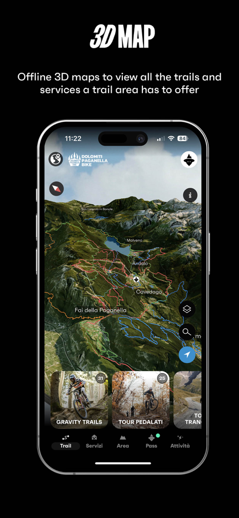 MowiBike - Smartphone exibindo o mapa 3D do MowiBike de trilhas de mountain bike na Itália