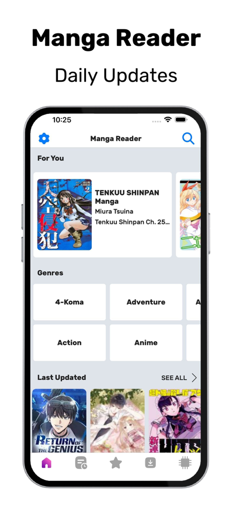 Manga Reader - Read Manga Top - Manga Reader app home screen showing daily updates and genre categories