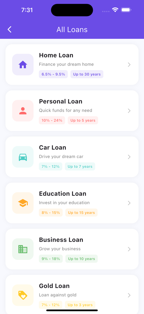 Instant Loan - Calculator App - Mobile interface showing loan categories for home personal and business loans with interest rate ranges