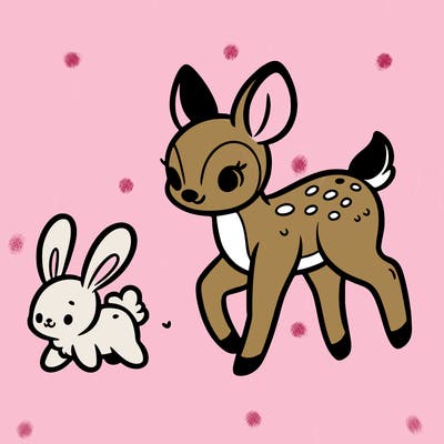 a fawn walking with a cute bunny