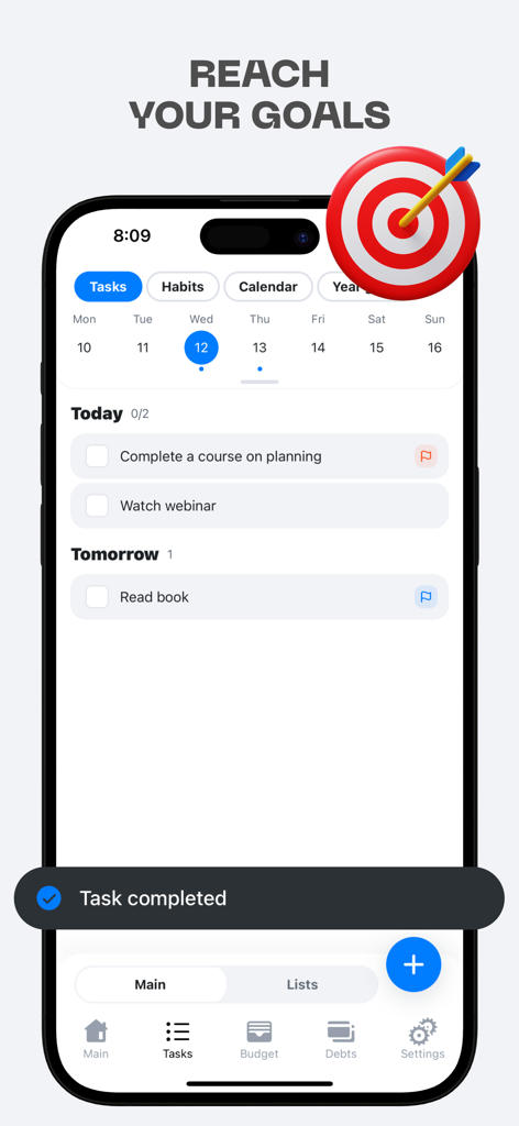 Panel de la aplicación MyLife mostrando tareas diarias y establecimiento de metas con una interfaz limpia
